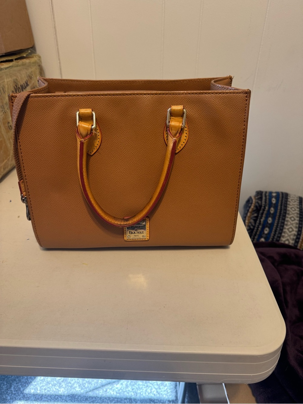 Dooney & Bourke Caramel Tan Saffiano Leather Satchel with Gold Hardware